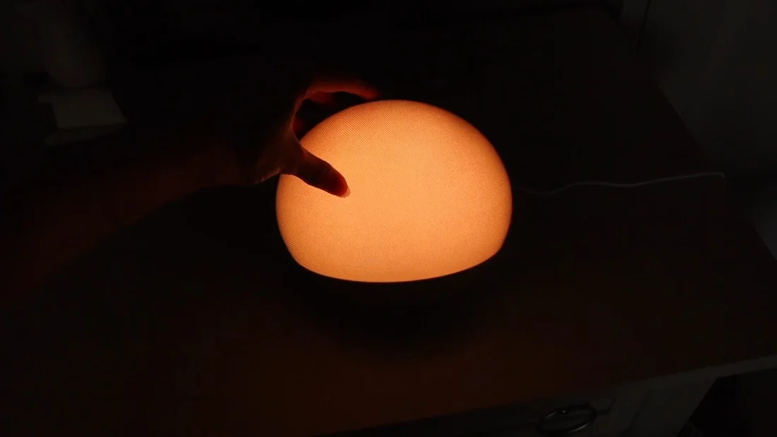 Night-light mode, amber. Twelve colours, each dimmable on its own.