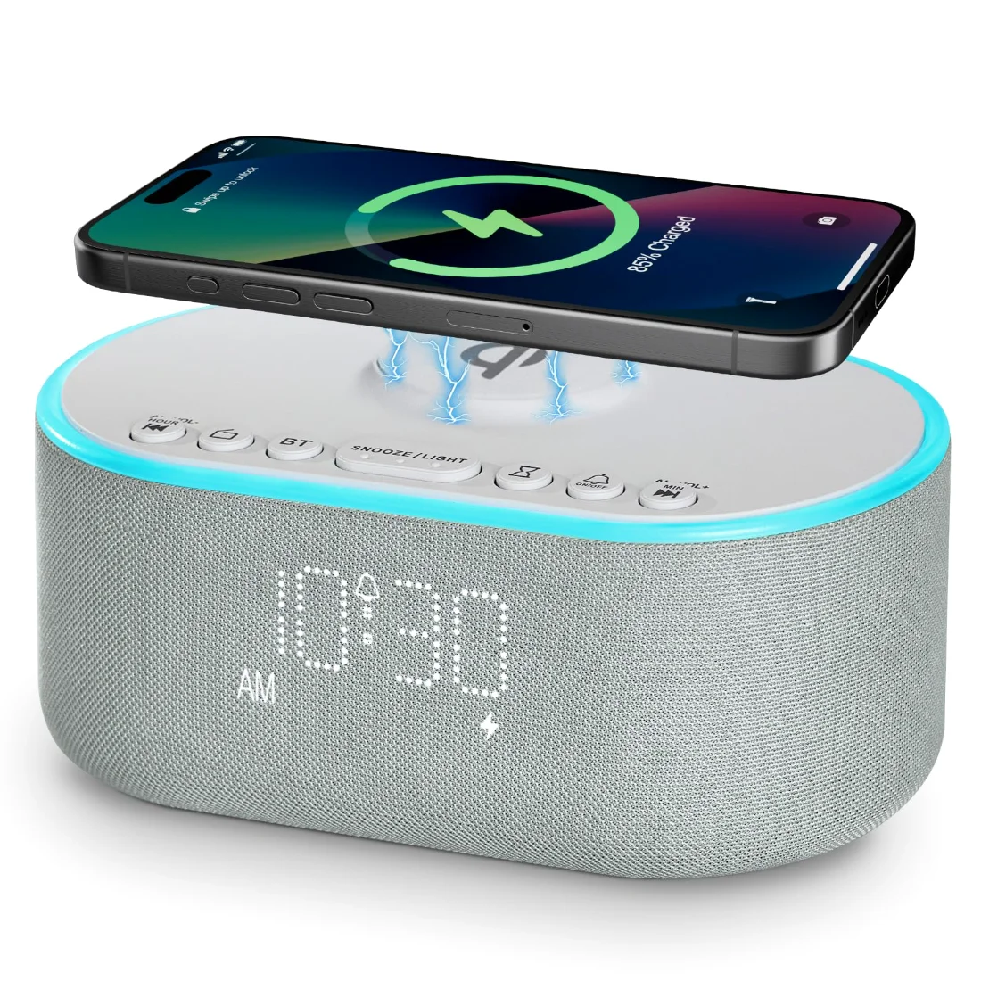 Odokee UE268 Charging Clock Radio, Cloud Blue on a nightstand