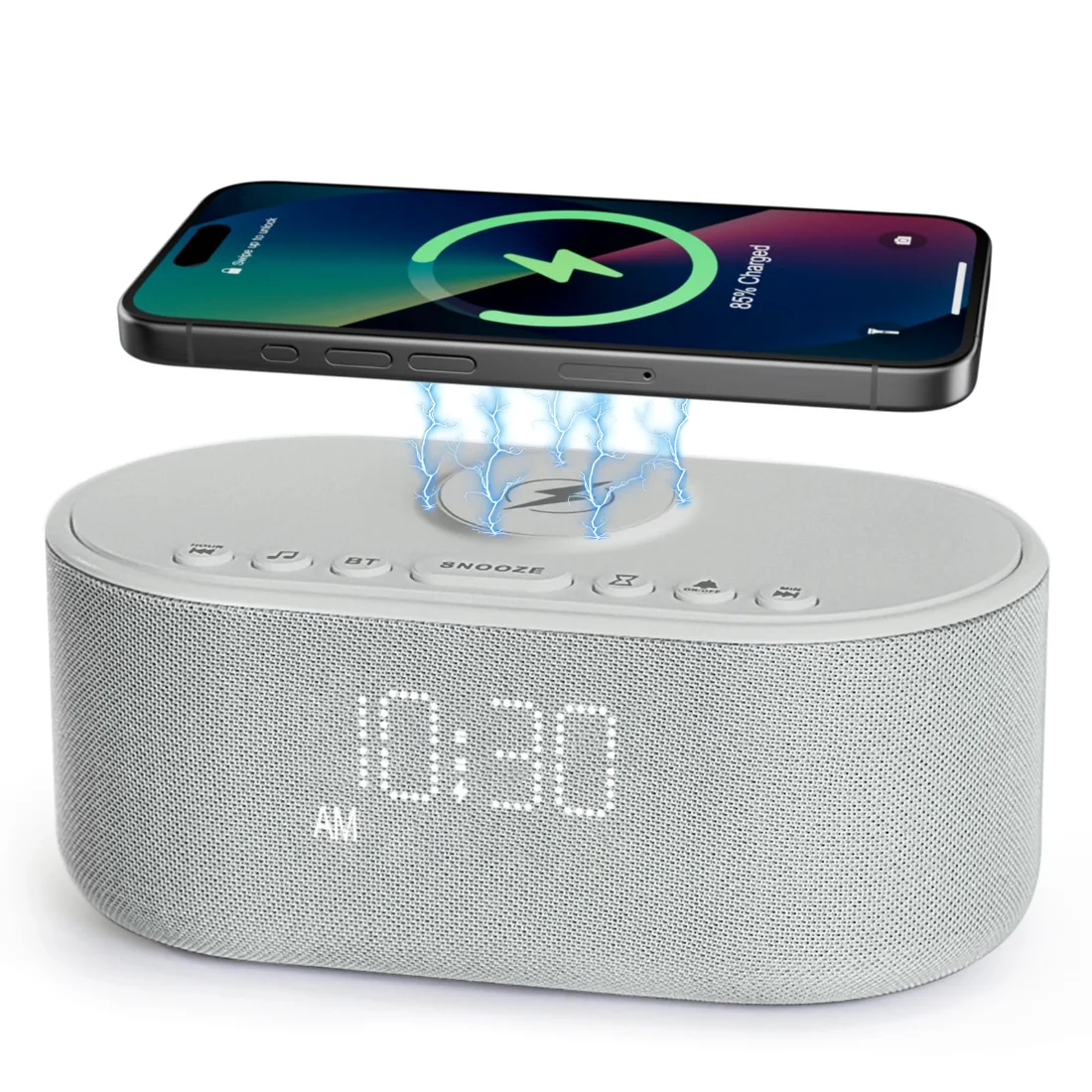 Odokee UE268S Sound Machine Clock, Light Gray on a nightstand