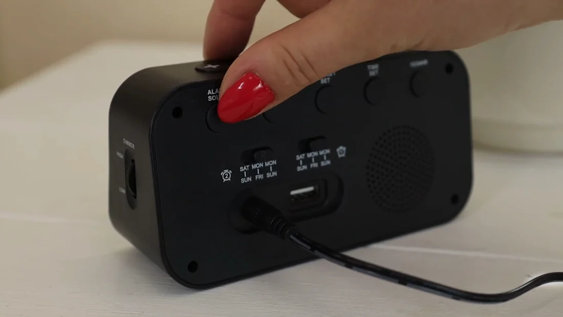 The back of a UE218: barrel jack, USB port, alarm switches, speaker.