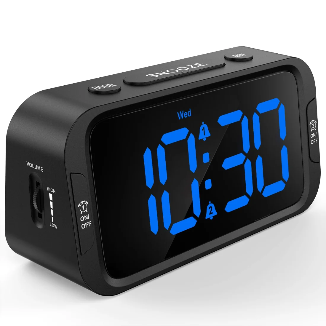 Odokee UE218 Dual-Alarm Clock, Black with Blue LED on a nightstand