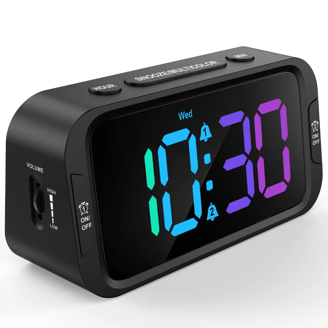 Odokee UE218 Dual-Alarm Clock, Black with RGB Digits on a nightstand