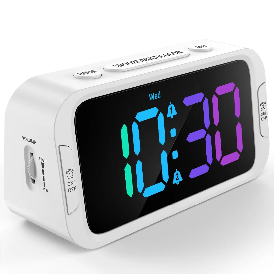 Odokee UE218 Dual-Alarm Clock, White with Colour LED on a nightstand