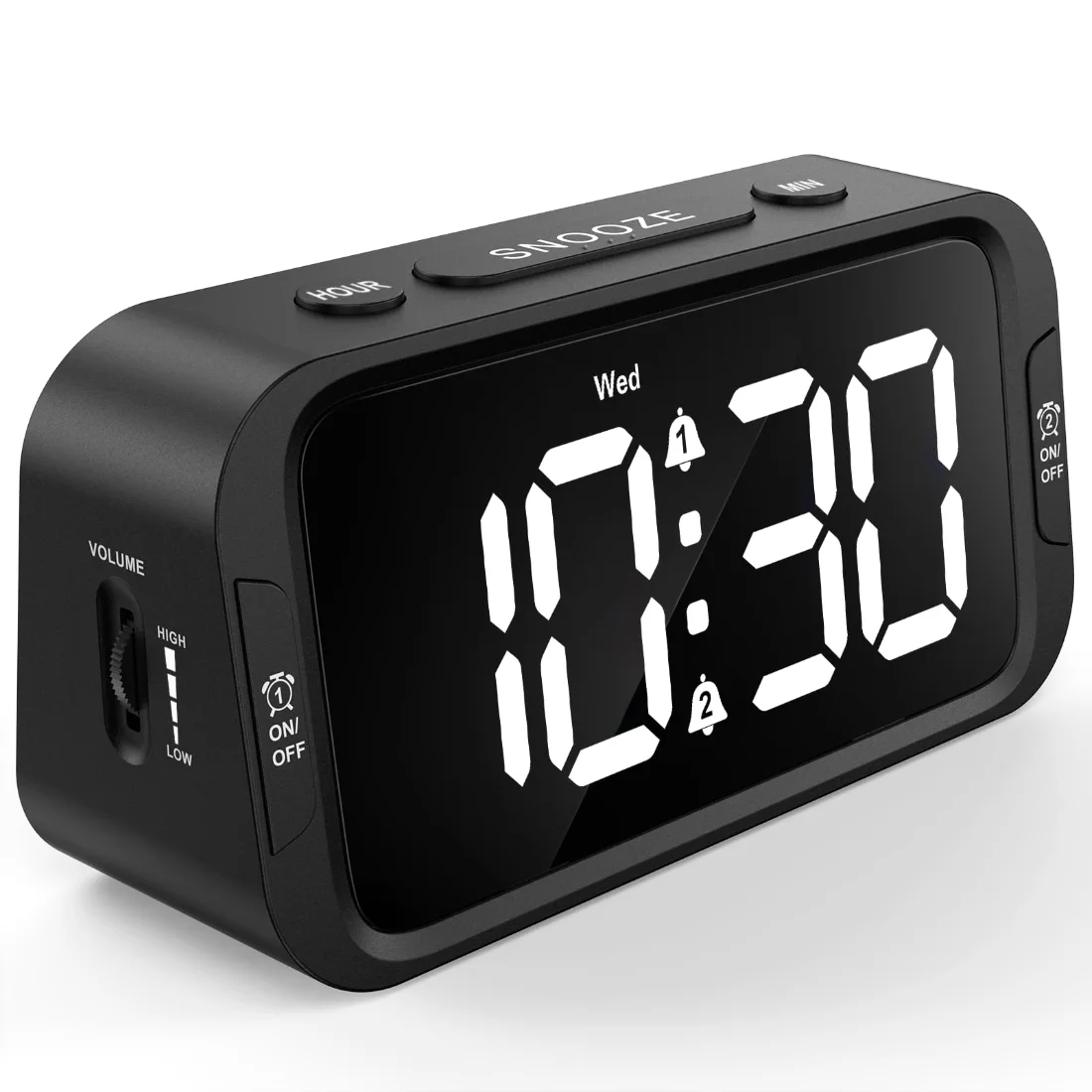 Odokee UE218 Dual-Alarm Clock, Black with White LED on a nightstand