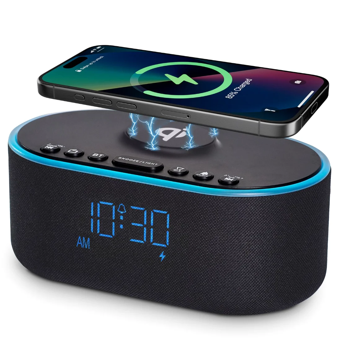 Odokee UE268 Charging Clock Radio, Black on a nightstand