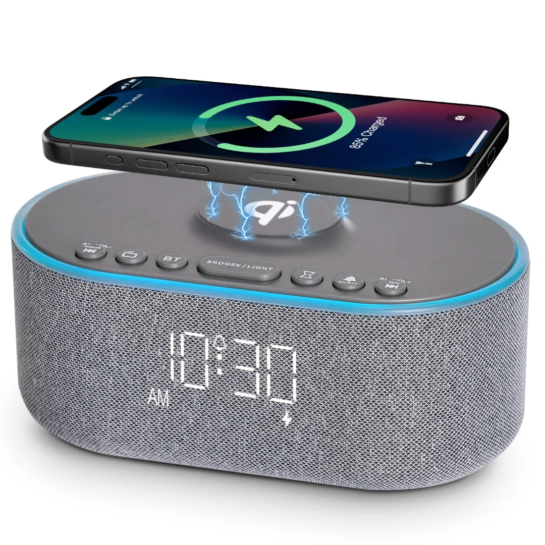 Odokee UE268 Charging Clock Radio, Gray on a nightstand