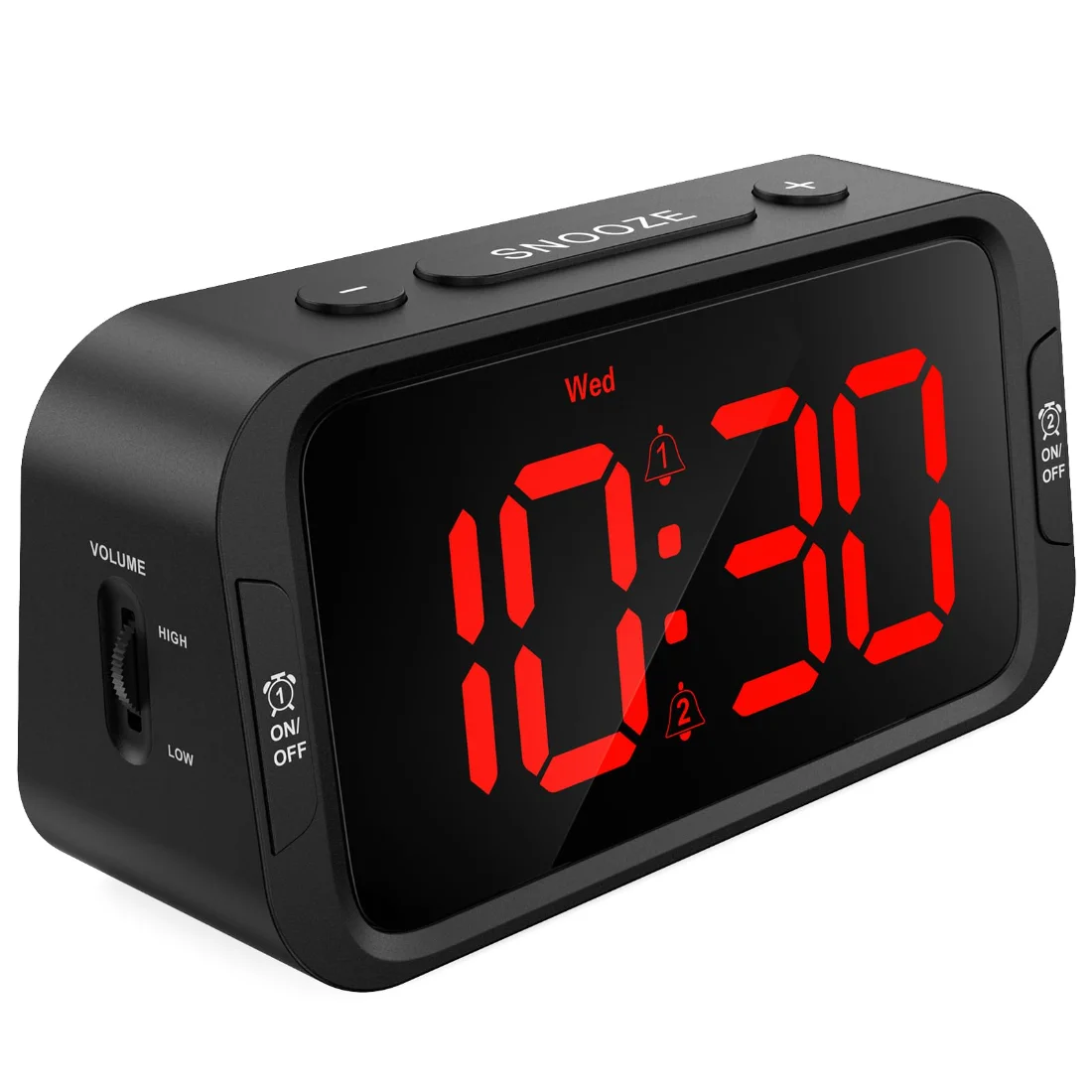 Odokee UE218 Dual-Alarm Clock, Black with Red LED on a nightstand